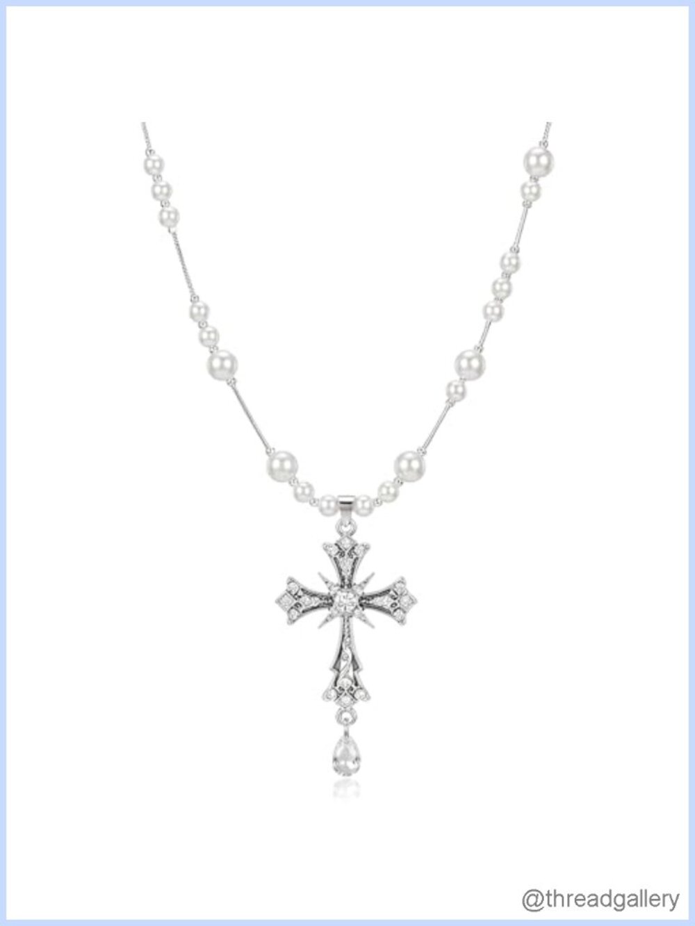 Pearl Cross Necklace Rhinestone Crystal Pendant Silver Beaded Chain